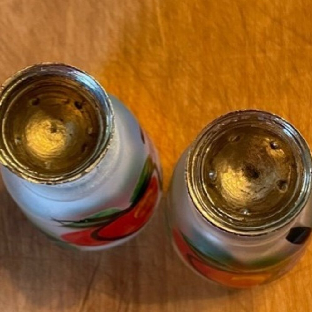 Colorful Vintage Frosted Glass Salt and Pepper Shakers with Fruit - Picture 9 of 10